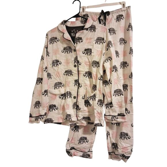 PJ Salvage Women Elephant Flannel PJ Set Size‎ S Cotton Long Sleeve Button Front - Picture 1 of 10